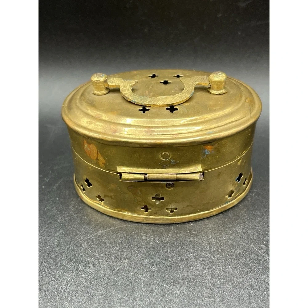 Brass Cricket Box Hinged Pierced Trinket Box w/ Handle Handmade 1970s Vintage‎